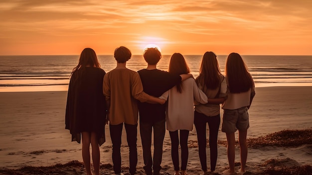 Grupo de jóvenes al atardecer en el mar Generado por IA