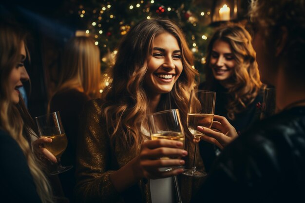 grupo de jóvenes alegres celebrando el año nuevo en una fiesta