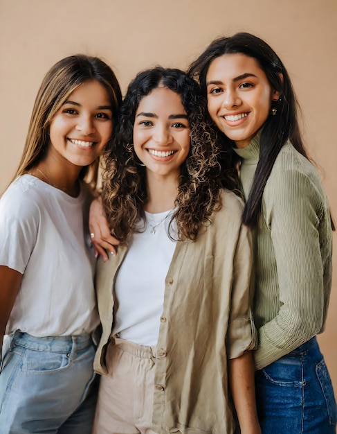 Foto grupo de jóvenes amigas de diversas etnias chicas universitarias sonriendo fondo beige espacio de copia