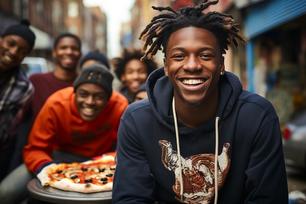 Grupo de jóvenes amigos afroamericanos sonrientes compartiendo pizza frente al garaje