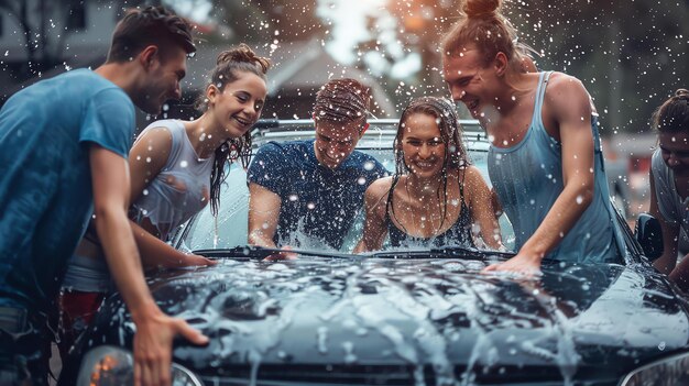 Un grupo de jóvenes amigos alegres divirtiéndose lavando un coche juntos al aire libre todos están mojados y jabonados y disfrutando del sol de verano