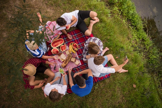 grupo de jóvenes amigos disfrutando de la comida y la bebida de la hora del picnic en la hermosa naturaleza en la vista superior de la orilla del río