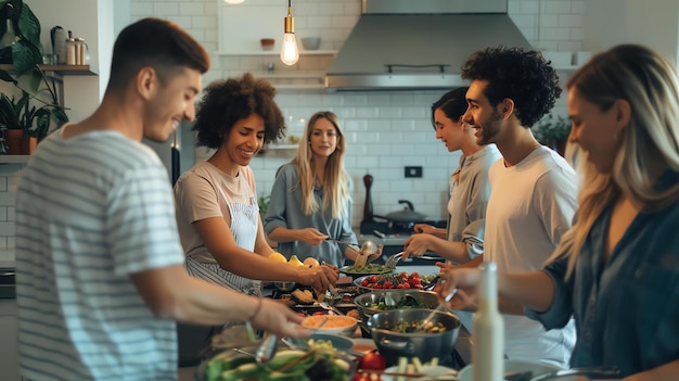 Un grupo de jóvenes amigos diversos y atractivos están cocinando juntos en una cocina moderna