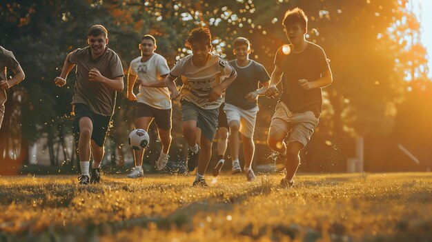 Foto un grupo de jóvenes amigos diversos están jugando al fútbol juntos en un campo al atardecer todos están sonriendo y divirtiéndose