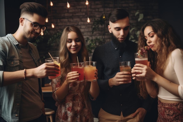 Grupo de jóvenes amigos divirtiéndose y bebiendo cócteles en un bar IA generativa