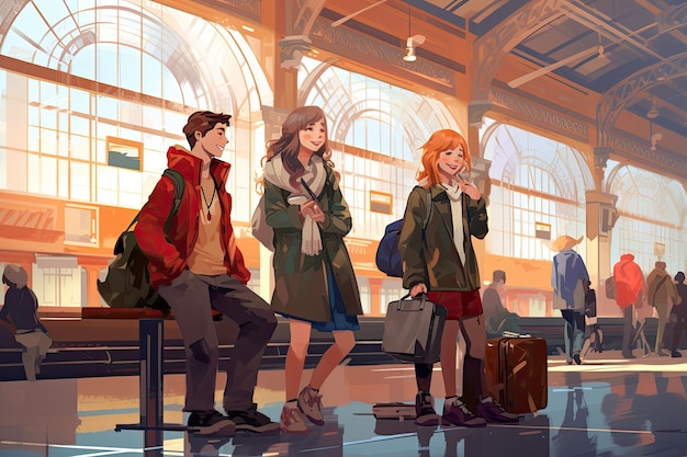 Un grupo de jóvenes amigos espera tranquilamente y sin preocupaciones en la estación de tren
