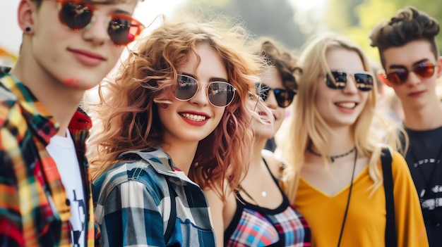 Foto un grupo de jóvenes amigos felices divirtiéndose en un festival de música. todos sonríen y llevan gafas de sol.