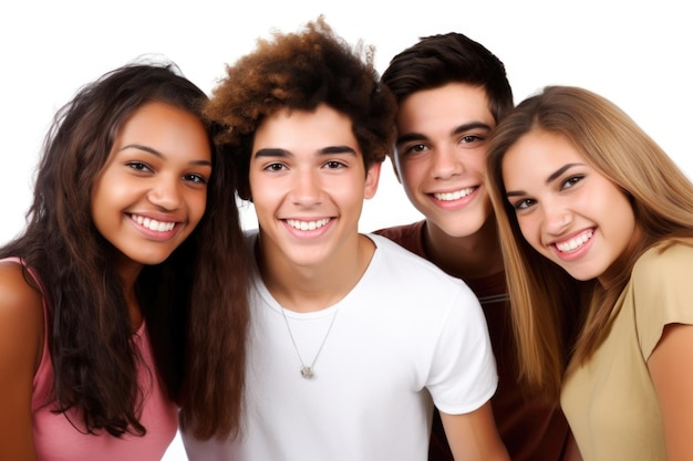 Grupo de jóvenes amigos de moda sonriendo a la cámara aislada en blanco creado con ai generativo