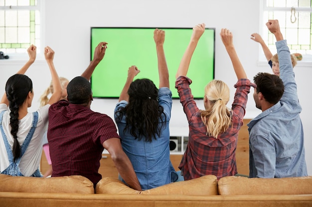 Grupo de jóvenes amigos viendo deportes en la televisión y vitoreando