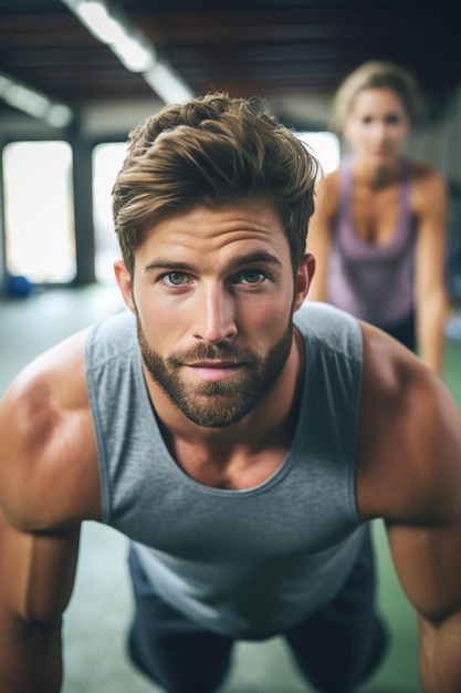 Foto grupo de jóvenes atletas masculino y femenino ejercitándose juntos en fitness atractivo guapo deportista