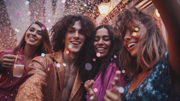 Un grupo de jóvenes atractivos y en forma celebra el Año Nuevo en una animada fiesta con entusiasmo