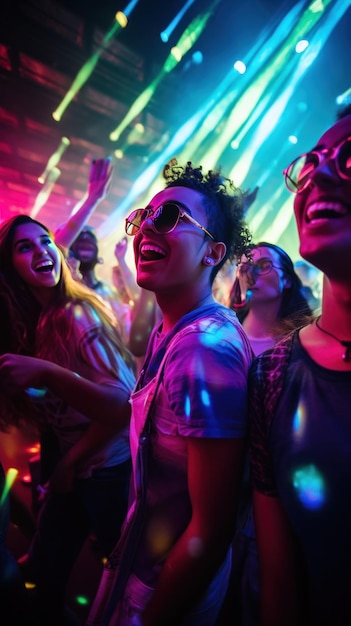 Foto un grupo de jóvenes bailando y riendo juntos en un club nocturno lleno