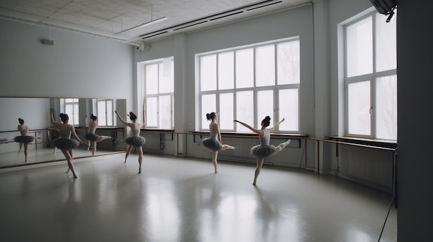 Foto grupo de jóvenes bailarinas realizando un ballet coreografiado mientras entrenan juntas.