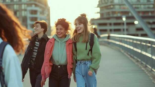 un grupo de jóvenes caminando a través de un puente