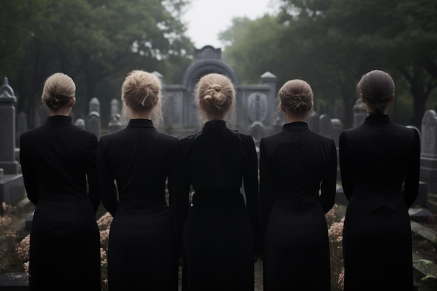 Foto un grupo de jóvenes en un cementerio mirando las lápidas