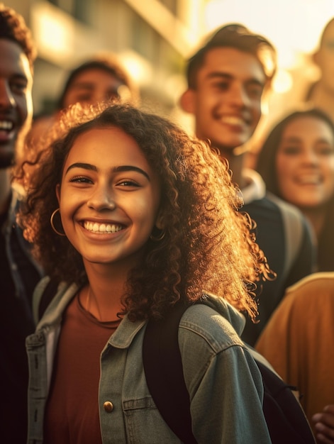 un grupo de jóvenes con una chica sonriendo y sonriendo.