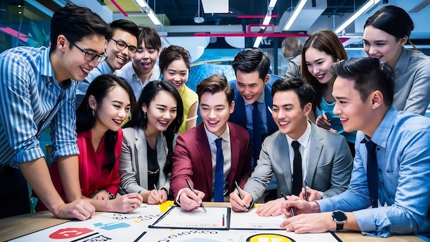 Grupo de jóvenes creativos de Asia en ropa casual elegante discutiendo negocios celebrando dando cinco