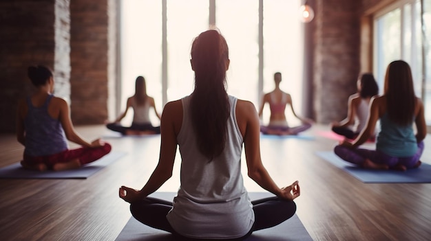 Grupo de jóvenes deportistas practicando clases de yoga AI generativa