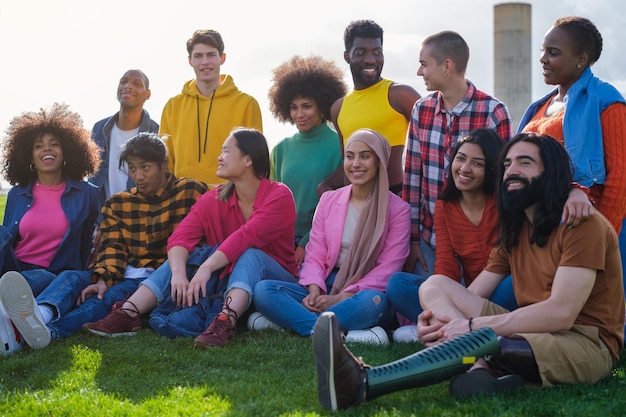 Grupo de jóvenes de diferentes etnias disfrutando de una tarde al aire libre