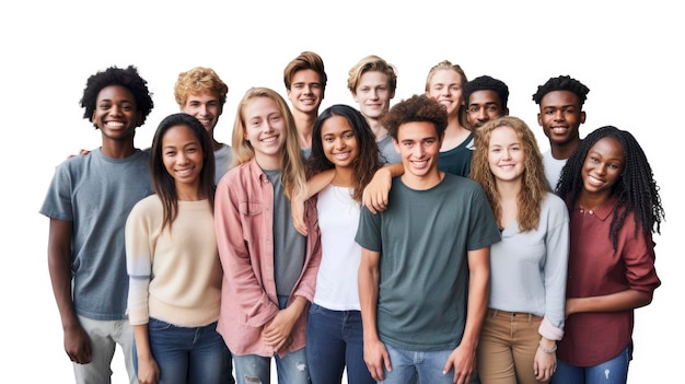 Grupo de jóvenes de diferentes etnias sonriendo y parados juntos aislados en ba blanca