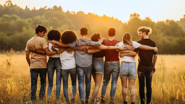 Foto un grupo de jóvenes diversos y hermosos están juntos en un campo de hierba alta