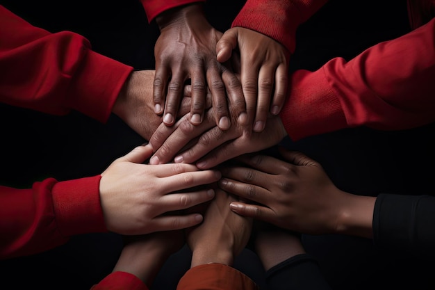 Grupo de jóvenes diversos que se unen de manos en un círculo sobre un fondo negro Una pila de manos que muestran unidad y trabajo en equipo Generado por IA
