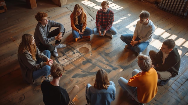 Foto un grupo de jóvenes diversos sentados en círculo en el suelo de madera teniendo una reunión y tormenta de ideas