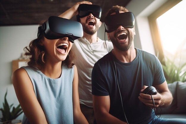 Un grupo de jóvenes emocionados usando auriculares de realidad virtual en casa