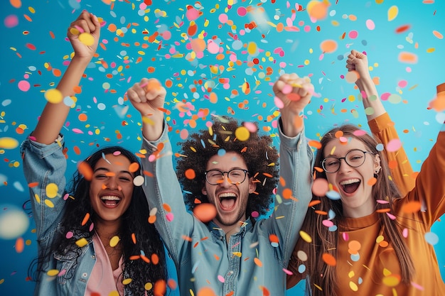 Un grupo de jóvenes empleados celebrando su éxito con un espacio vacío y confeti IA generativa