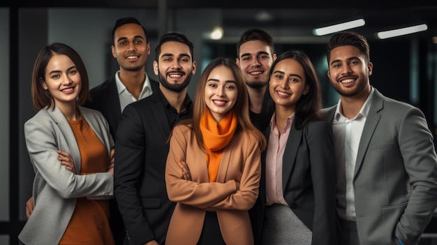 Un grupo de jóvenes empleados con una sonrisa encantadora en una oficina moderna generada por IA