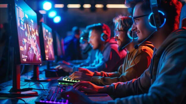 Foto un grupo de jóvenes están jugando videojuegos en una habitación oscura. todos llevan auriculares y miran sus pantallas atentamente.