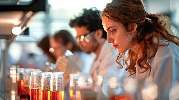 Grupo de jóvenes estudiantes en clase de laboratorio experimentando con muestras Concepto de educación universitaria