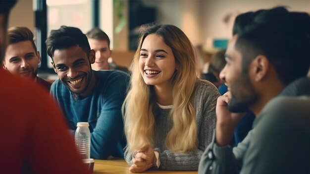 Grupo de jóvenes estudiantes interculturales felices discutiendo en el descanso mientras se sientan uno frente al otro junto al escritorio en el aula