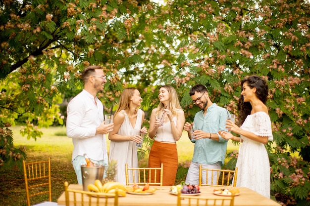 Grupo de jóvenes felices animando con limonada fresca y comiendo frutas en el jardín