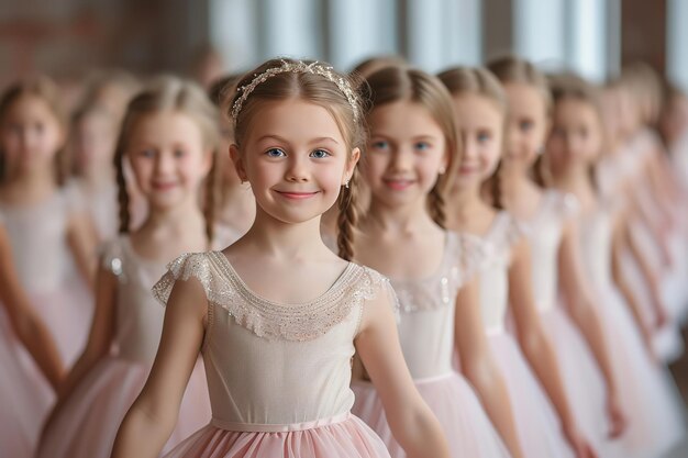 Un grupo de jóvenes felices bailando ballet con un gran espacio vacío y un telón de fondo borroso IA generativa