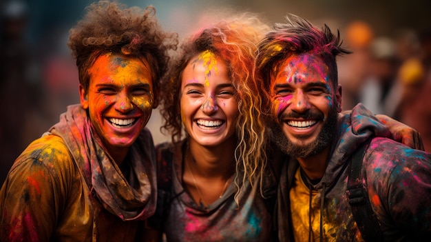 Foto grupo de jóvenes felices celebrando el festival holi