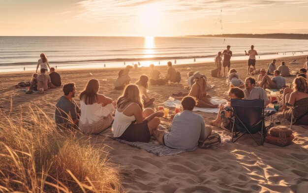 Grupo de jóvenes felices en la playa en una hermosa puesta de sol de verano IA generativa