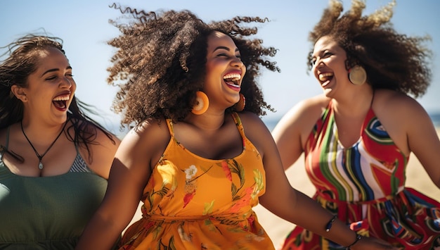 Un grupo de jóvenes felices de varias nacionalidades, incluidos afroamericanos y caucásicos, disfrutando de un día soleado en la playa.