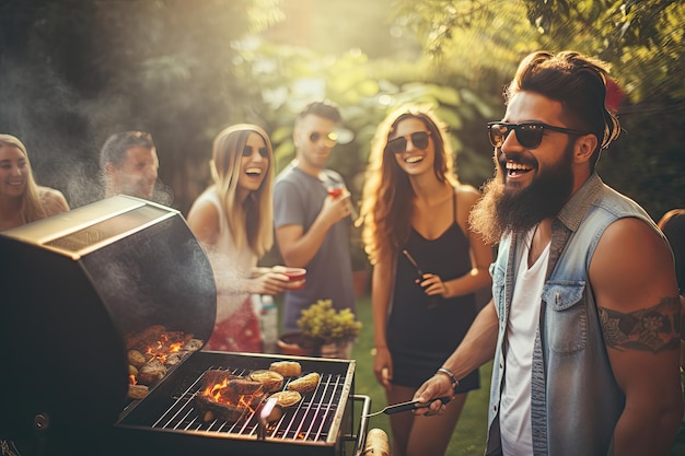 Foto un grupo de jóvenes durante una fiesta de verano en la terraza los jóvenes se divierten en la terraza bebiendo cerveza y charlando