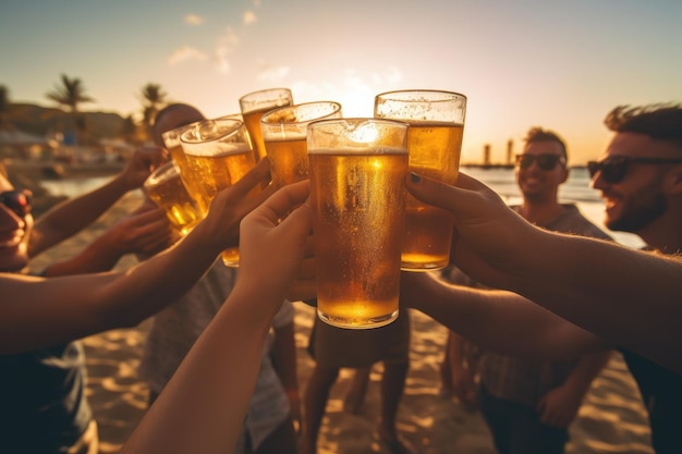 Grupo de jóvenes fiesteros brindan con cerveza en la playa IA generativa