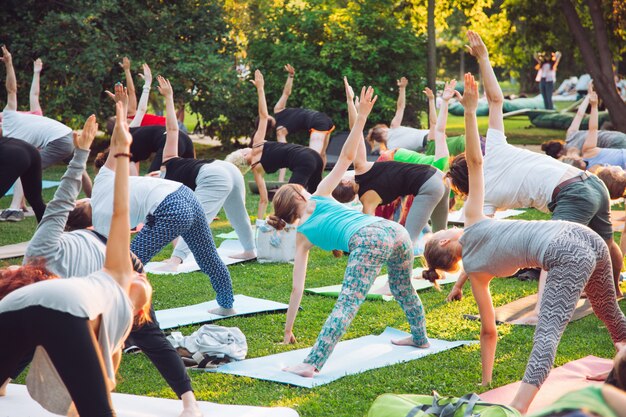 Un grupo de jóvenes hace yoga en el parque al atardecer.