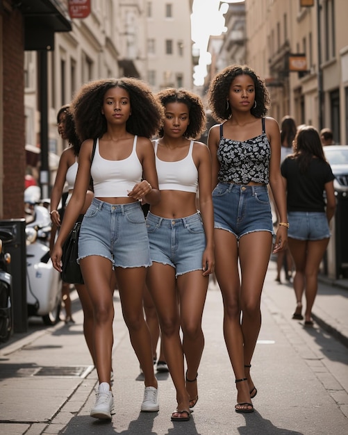 Grupo de jóvenes y hermosas mujeres afroamericanas en pantalones cortos de vaqueros caminando por la ciudad.