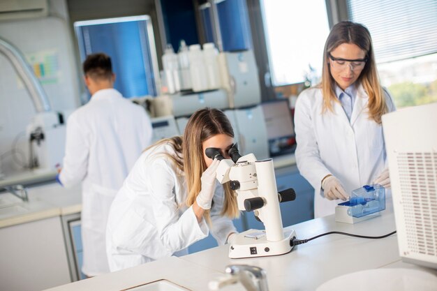 Grupo de jóvenes investigadores que analizan datos químicos en el laboratorio.