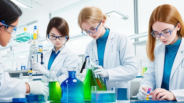 Grupo de jóvenes investigadores que analizan datos químicos en el laboratorio.