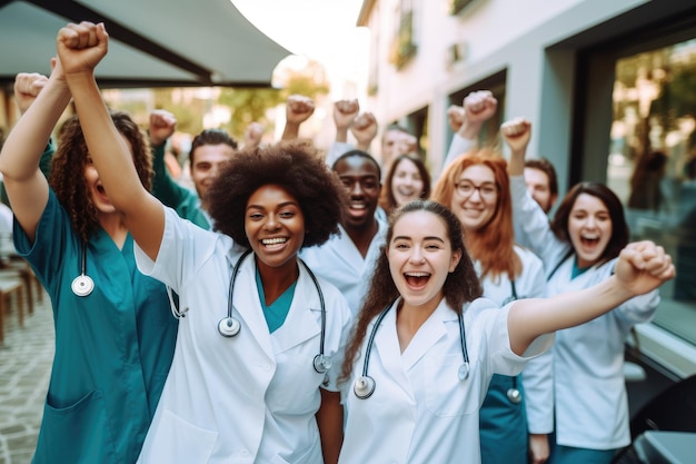 Grupo de jóvenes médicas o enfermeras vitoreando con los brazos levantados en el aire Equipo diverso de estudiantes con uniforme de enfermera vitoreando por alegría AI Generado