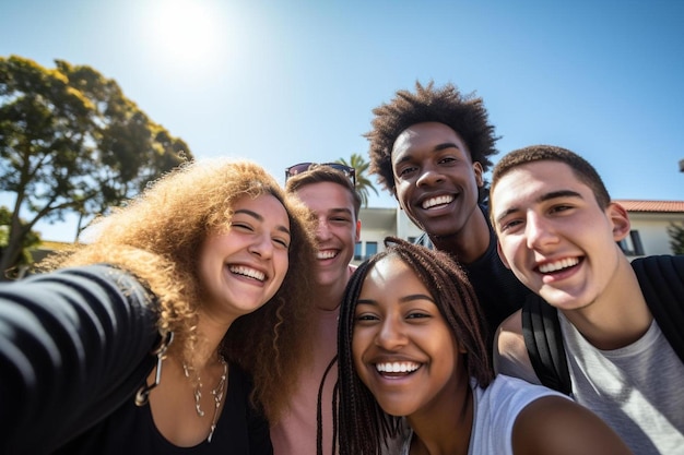 grupo de jóvenes posando para una foto con una cámara y un fondo de cielo azul.