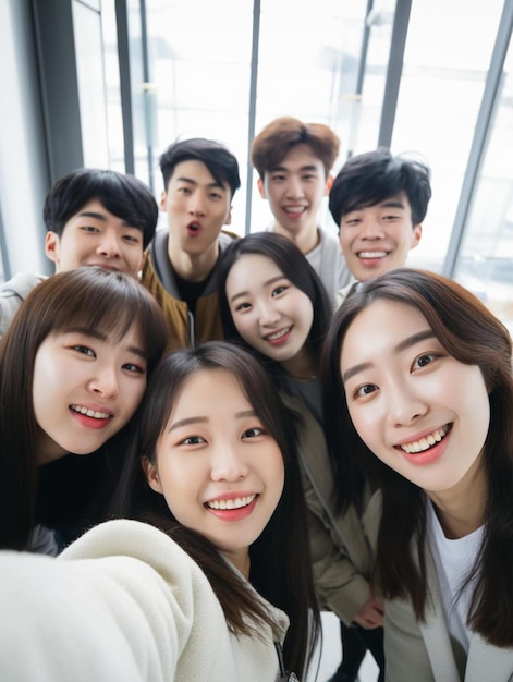 un grupo de jóvenes posando para una foto con uno de ellos con una cámara delante de ellos.