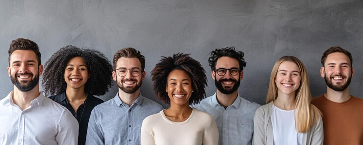 Grupo de jóvenes profesionales diversos sonriendo sobre un fondo gris