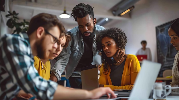 Un grupo de jóvenes profesionales están trabajando juntos en un proyecto en una oficina moderna todos están mirando a una pantalla de portátil y discutiendo algo
