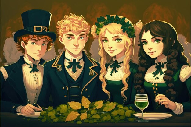 Grupo de jóvenes que celebran el Día de San Patricio Concepto de fantasía Pintura de ilustración IA generativa